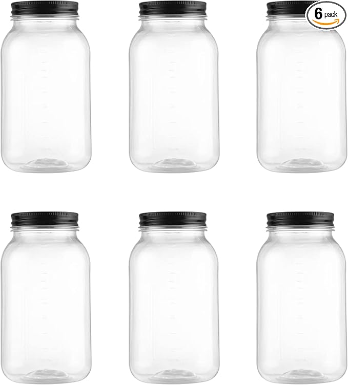 novelinks 32 oz Plastic Food Storage Jars with Metal Lids – 6 Pack BPA-Free Clear Airtight Containers for Pantry, Spices, Snacks, Kitchen & Bathroom Organization – Leak-Proof Reusable Jars (Black)