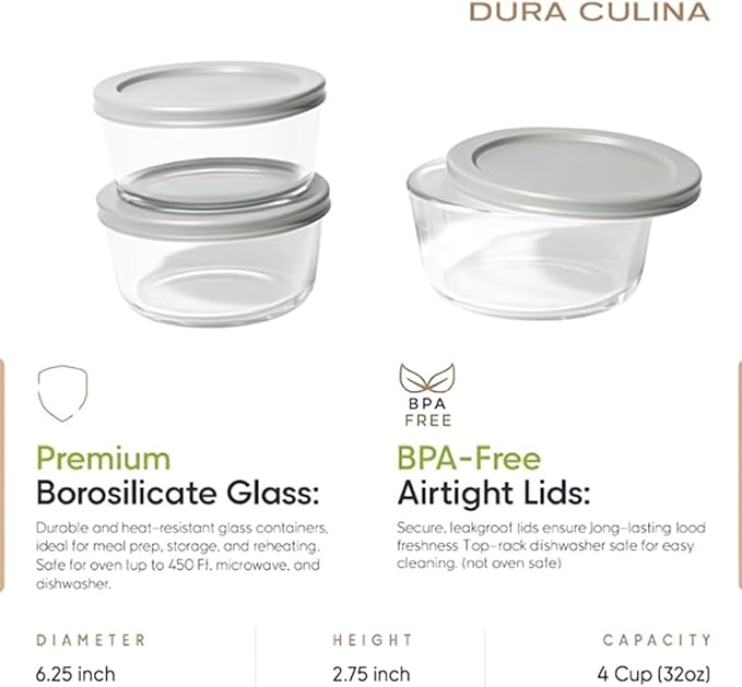 DURA LIVING 6-Piece Glass Food Storage Containers Set (3 Containers + 3 BPA-Free Lids) | 4-Cup, Leakproof | Microwave, Freezer, Oven & Dishwasher Safe | Ideal for Meal Prep & Pantry Organization