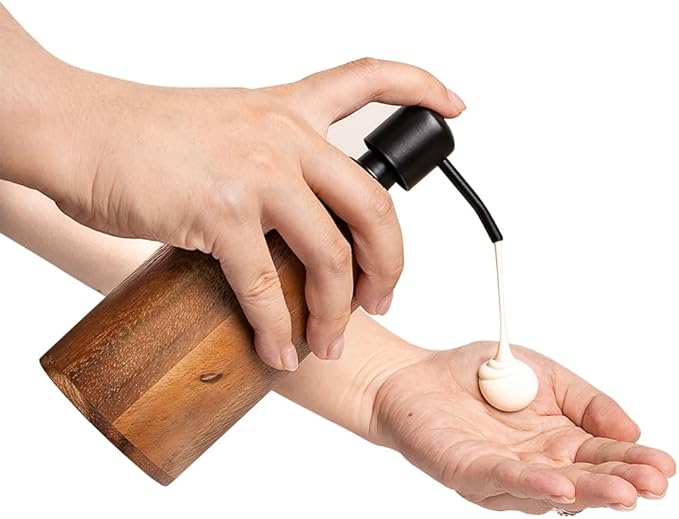 Walnut Wood Soap Dispenser with Pump, Funnel & Label, Refillable Hand Soap Dispenser for Bathroom & Kitchen, Cylinder Design, Rustic Countertop Decor(7oz/200ml)