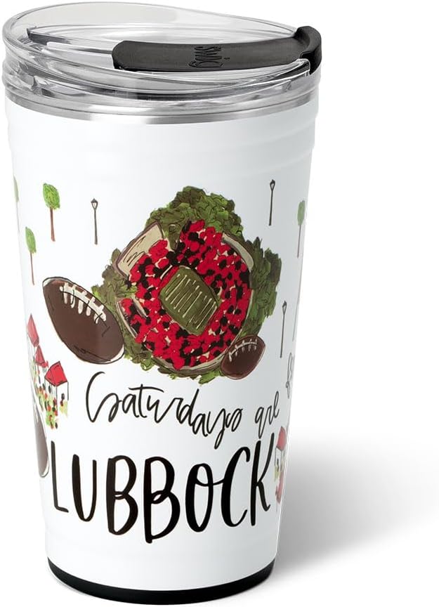 Swig Life 24oz Party Cup, Stackable Insulated Travel Coffee Tumbler with EZ Slider Lid, Cup Holder Friendly, Stainless Steel 24 oz Tumbler, Reusable Mug (Saturdays In Lubbock)