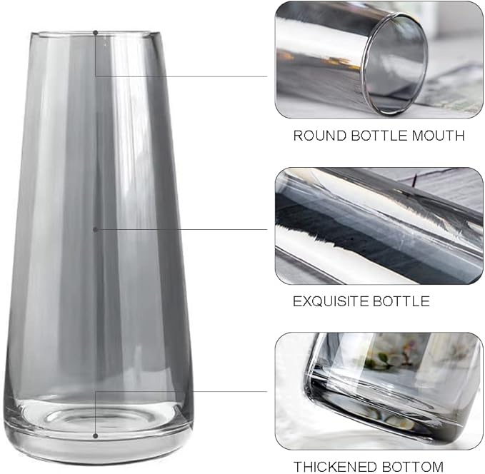 Aoderun Glass Vase for Flowers Modern Vases Home Decor Unique Flower Vase for Bouquet 8.7" Centerpiece Vase Decor Room,Bedroom,Living Room,Library,Office,Table,Entryway,Modern Farmhouse(Grey)