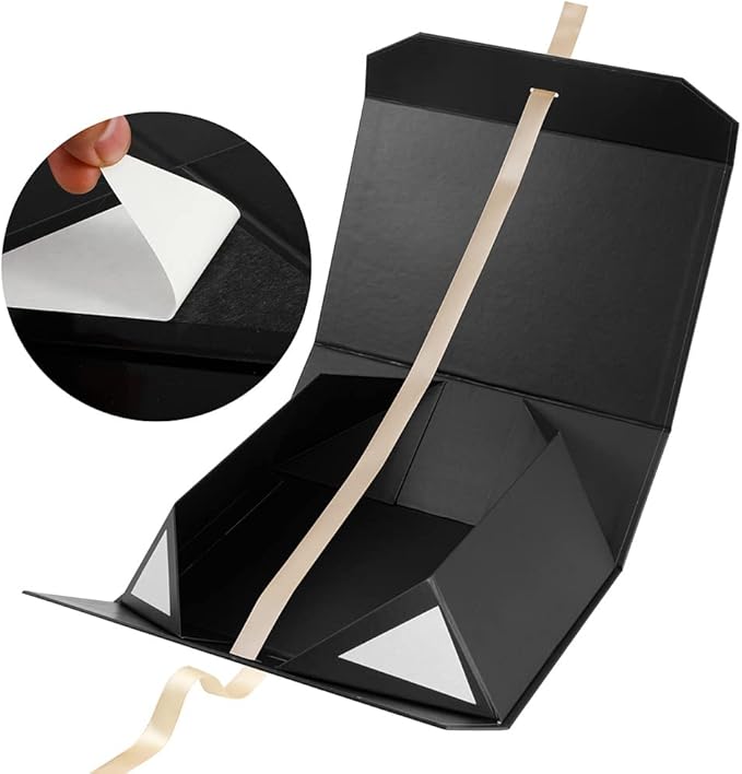 Large Black Gift Box With Ribbon and Magnetic Closure Lid, 12x8x4.5 Inches - Bridesmaid Proposal Box for Festival (Matte Black)