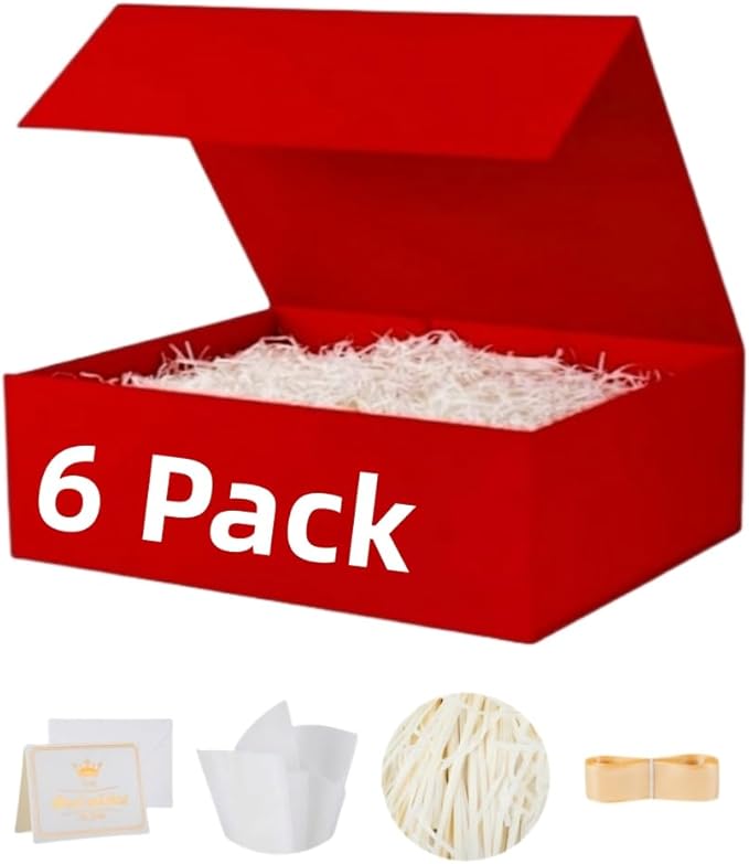 UoeRing 6 Pack Red Gift Box 11.5x8x4 inch Luxury Gift Box for Presents with Magnetic Lid Collapsible,Valentine's Day,Christmas,Contains Card, Ribbon, Tissue Paper,Shredded Paper Fille