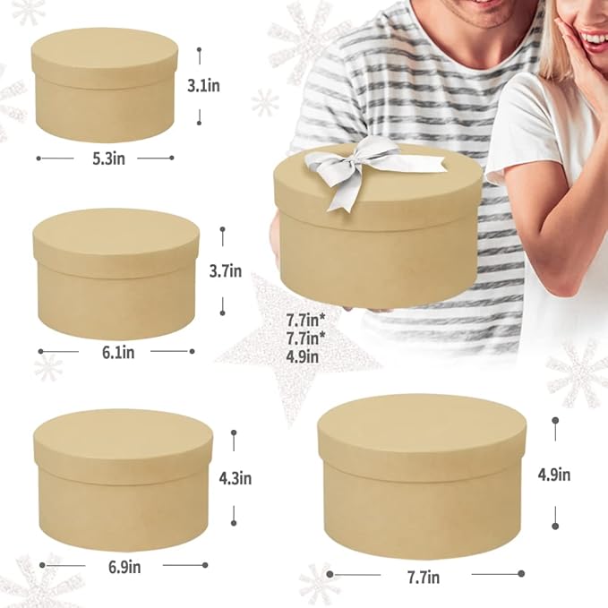 Bengnkes Round Gift Box Kraft Gift Boxes with Lids for Presents 4 Packs Luxury Nesting Gift Boxes Small with 17ft Ribbon for Bridesmaid Valentines Mother's day Graduation