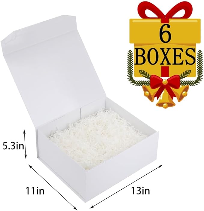 6 Pcs White Gift Box Large 13x11x5.3 Inch Magnetic Gift Boxes with Crinkle Paper White Large Gift Box with Shredded Paper Luxury Gift Boxes with Lids for Presents