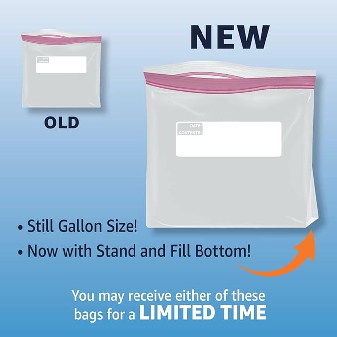 Amazon Basics Reclosable Gallon Food Storage Bags | Stand & Fill Base | 120 Count | Pack of 2