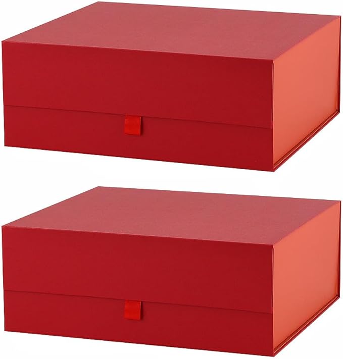 2 Pcs Large Gift Box 13.5x11.8x4.7 Inches, Red Gift Boxes for Presents with Magnetic Closure Lid, Luxury Gift Box Rectangle Collapsible Boxes for Gift Packaging
