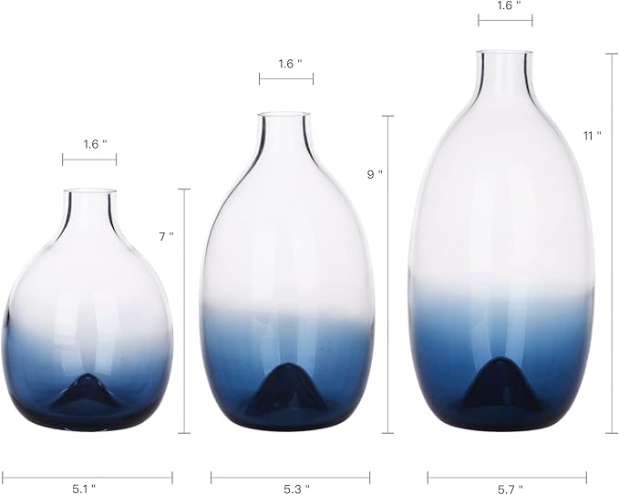 CONVIVA Glass Vase Set Modern Blue Glass Flower vases Decorative Large Home Decor Living Room Dinning Table,Wedding Party Event Tall Tabletop Set of 3