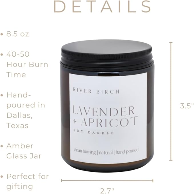 River Birch Candles Lavender + Apricot Scented Candle | Premium, All-Natural, Non-Toxic, Soy Wax, Amber Jar | 8.5oz 40 Hr Burn Time | Cozy Relaxing Gifts for Home