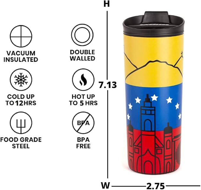 Venezuela Vacuum Insulated Stainless Steel Thermal Travel Mug, 16 oz, Easy Clean, Flip leak Proof Lid Venezuelan Flag with Icons from Caracas