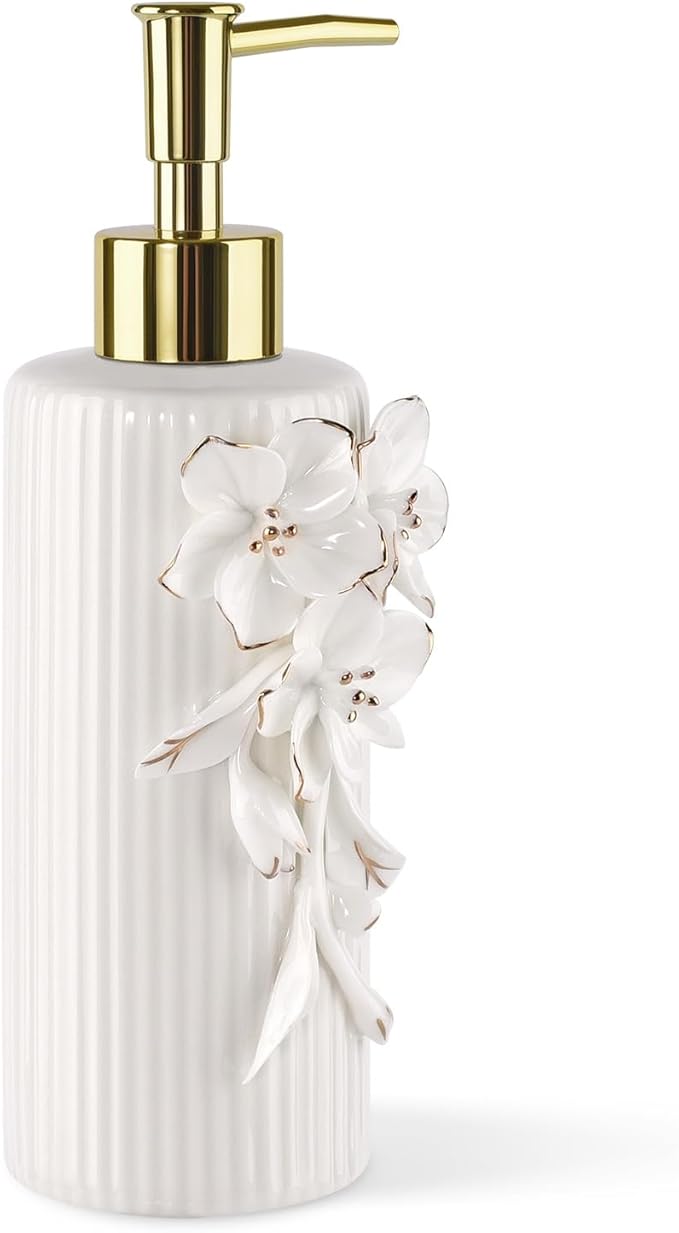 Handmade Ceramic Flower Soap Pump Dispenser Hand Lotion Liquid Dispenser Refillable for Kitchen and Bathroom Decorative (Flower Gold)