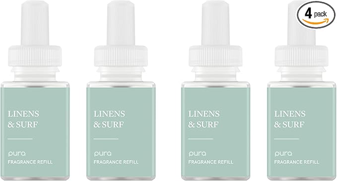 Pura Smart Home Air Diffuser Fragrance - Smart Scent Refill - Up to 120-Hours of Premium Fragrance per Refill for Home, Office & Apartment - 4 Pack, Linens & Surf