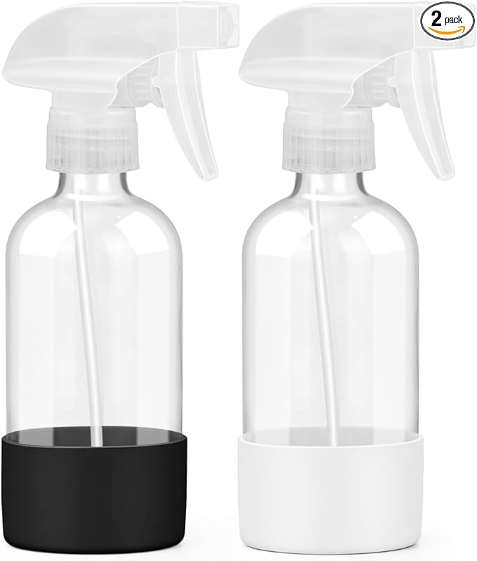 2 Pack Glass Spray Bottles 8 oz, Empty Refillable Containers with Silicone Sleeve Protection, Glass Spray Bottles for Cleaning Solutions, Hair and Plants with Adjustable Nozzles Black&White