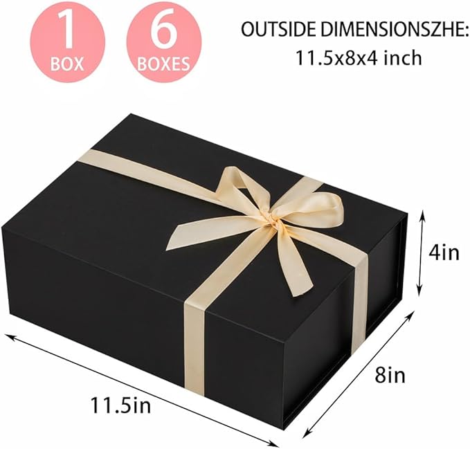 UoeRing 6 Pack Black Gift Box 11.5x8x4 inch Luxury Gift Box Bulk for Presents with Magnetic Lid Collapsible,Birthday,Groomsman,Contains Card, Ribbon, Tissue Paper,Shredded Paper Fille