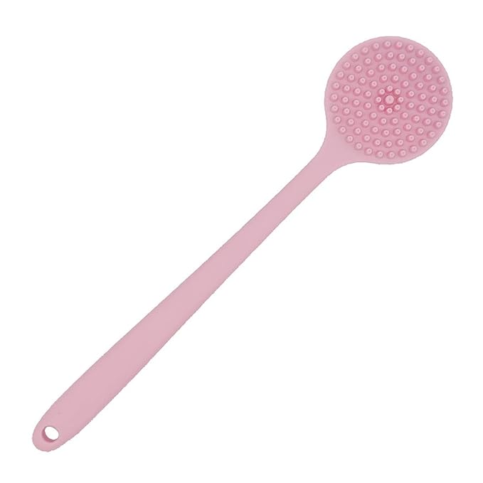 DNC Soft Silicone Back Scrubber Shower Bath Body Brush with Long Handle (Pink)