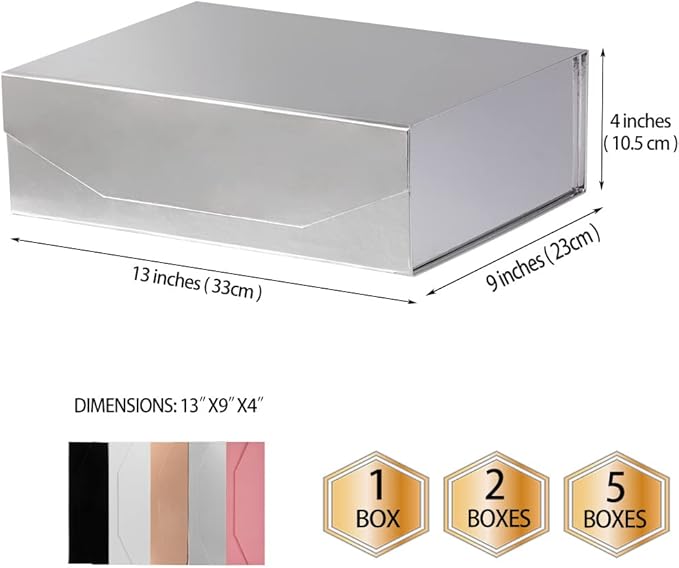 2 Silver Large Gift Box with Lid 13x9x4 Inches, Bridesmaid Proposal Box, Groomsman Box Reusable Gift Box for Clothes (Glossy Silver),1 Count (Pack of 2)