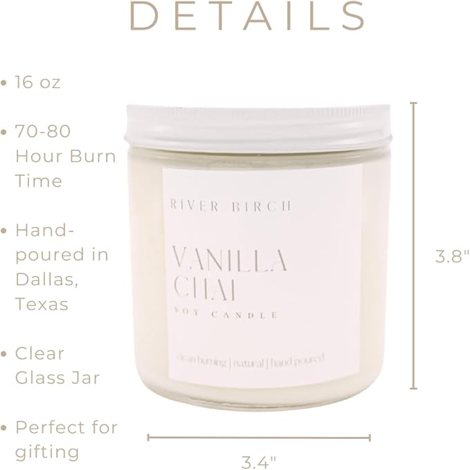 River Birch Candles Vanilla Chai Scented Candle | Premium, All-Natural, Non-Toxic, Soy Candles | 16oz 90 Hr Burn Time | Cozy Relaxing Gifts for Home