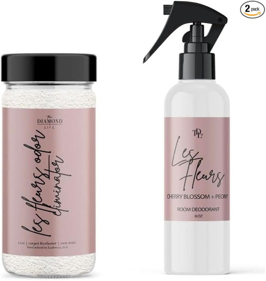 Home "Les Fleurs" Cherry Blossom & Peony Carpet Powder For Vacuuming, Upholstery Freshener With Room Spray, Air/Fabric/Room Odor Eliminator For Homes With Kids & Pets Bundle