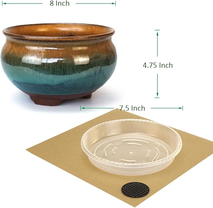 8 Inch Glazed Terracotta Plant Pot Round Ceramic Succulent Planter Pot with Drainage and Saucer Cactus Clay Pot Bonsai Pot (Brown and Green)