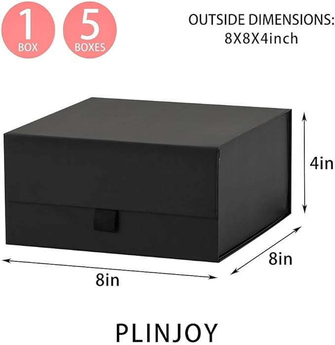 5 Pcs Black Gift Box 8x8x4 Inches Small Gift Boxes for Presents with Magnetic Closure Lid Luxury Collapsible Gift Box Bridesmaid, Wedding, Birthday Boxs for Gift Packaging