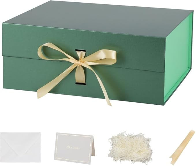 BoxSkivra Large Gift Boxes with Lids 5 Pack 13X11X5.3 Inch Large Green Gift Box with Ribbon Foldable Gift Boxes for Presents Shredded Paper for Gift Box with Cards