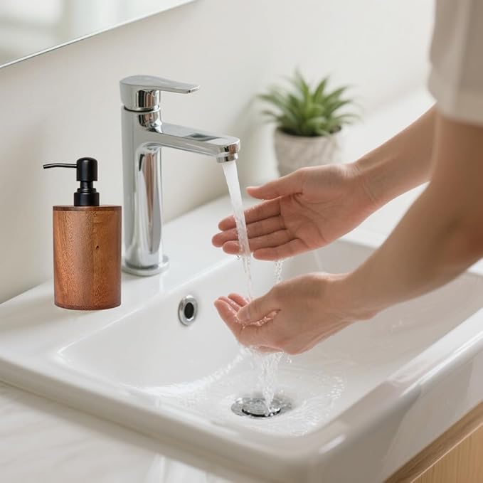 Walnut Wood Soap Dispenser, 14oz/400ml Round Cylinder Hand Soap Dispenser for Bathroom, Kitchen, with Pump Head, Funnel & Labels, Bathroom Countertop Soap Dispensers