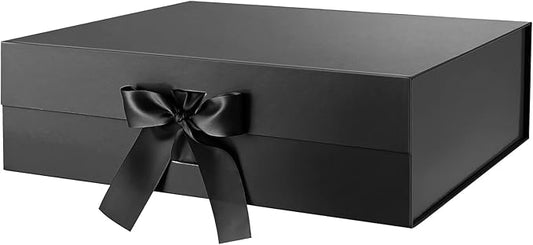 BLK&WH Extra Large Gift Box with Ribbon - 16.3x14.2x5 Inches, Black Groomsman Proposal Box for Large Gifts and Clothes (Glossy)