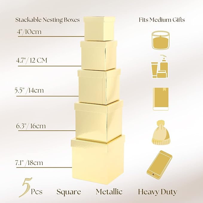 UNIQOOO 5PCS Metallic Gold Nesting Gift Boxes Set, Square Cardboard Storage Organizer Keepsake Box with Lid Durable Reusable, for Gift Wrapping Holiday Presents Christmas Birthday, Assorted Size