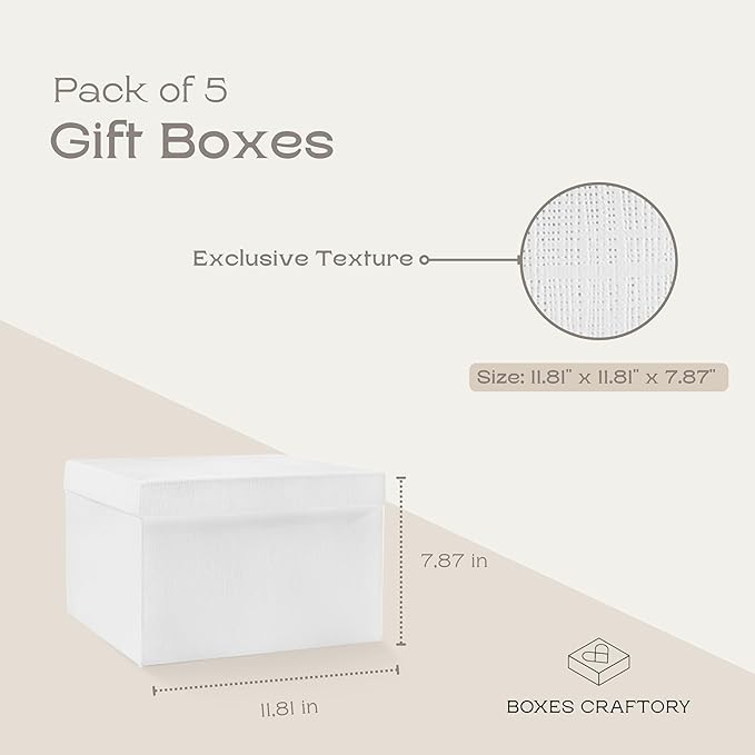 Set of 5 Gift Boxes for Presents (11.81 x 11.81 x 7.87 inch) - Ideal for Large Presents, Clothes for Gifts and Wedding - White Silk