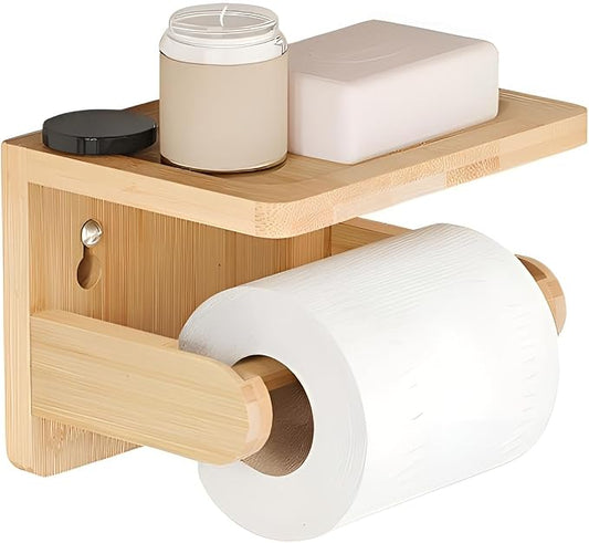 Drill-Free Toilet Paper Holder with Phone Shelf Bamboo Wall-Mounted, No-Drill & Drillable, Bathroom Storage Organizer, Space Saver Tissue Roll Rack for Bathroom, Kitchen, Home Decor (Natural)