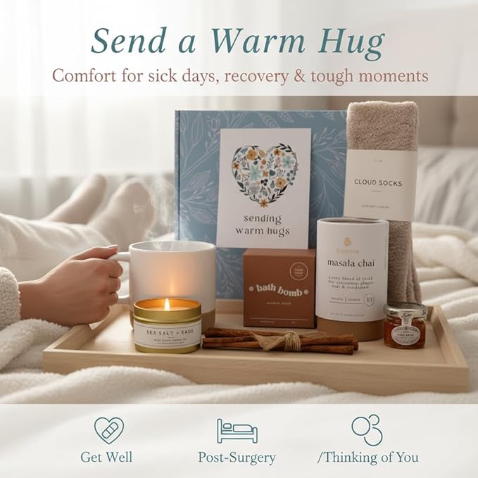 Unboxme Tea Gift Box Care Package - Get Well Soon Gifts for Women with Socks, Mug, Chai Tea & Honey - Sympathy, Thinking of You, After Surgery