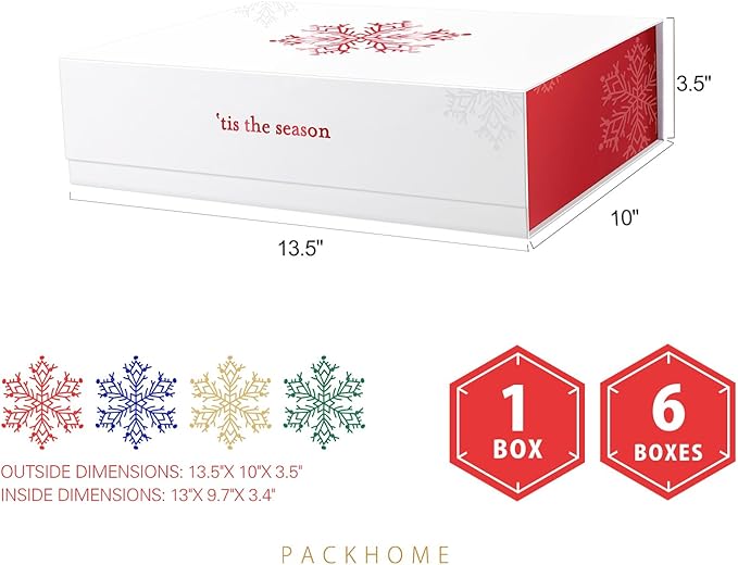 PACKHOME Christmas Gift Box 13x9.7x3.4 Inches, Large Gift Box with Lid, Sturdy Shirt Box with Magnetic Lid for Wrapping Gifts (Red Snowflake Pattern)