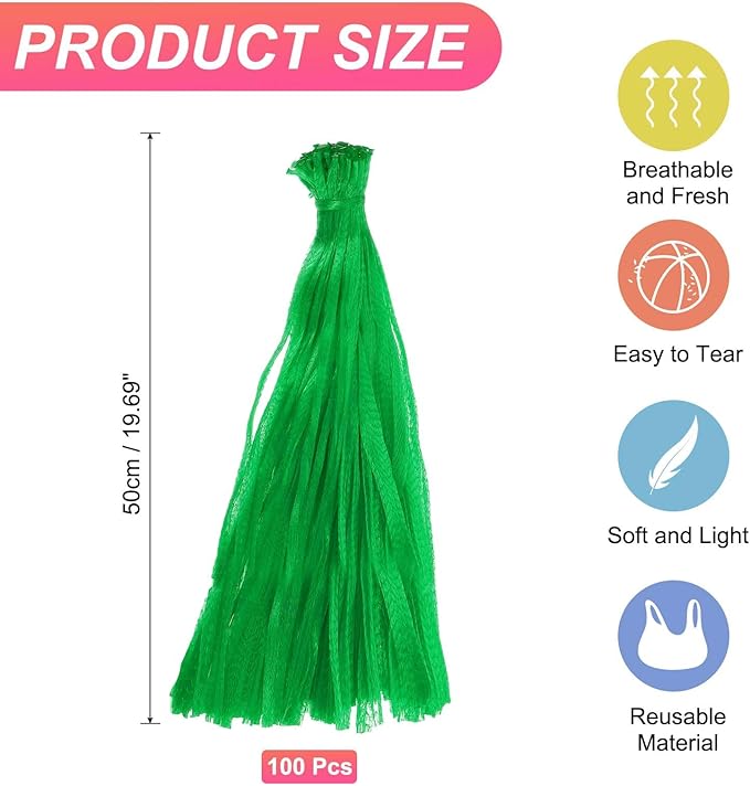 uxcell 100PCS Reusable Mesh Produce Bags, 19.7 Inches Egg Hatching Bags Washable Breathable Fruit Net Stretchable Mesh Netting Storage for Seafood Vegetable Onion Grocery Shopping, Green