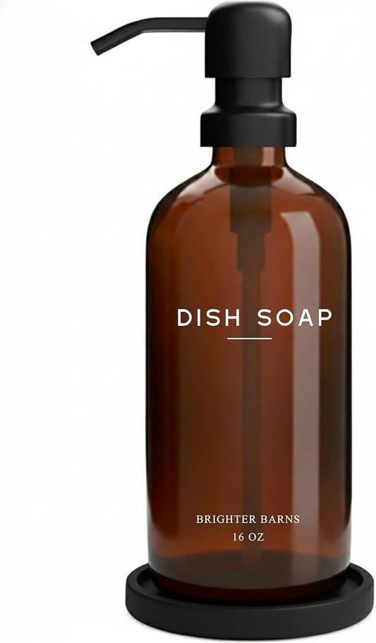 Amber Glass Dish Soap Dispenser for Kitchen Sink by Brighter Barns - Kitchen Soap Dispenser Set with Pump & Tray - Refillable Glass Bottle for Liquid - Modern Home Decor for Airbnb, Restaurant (Amber)