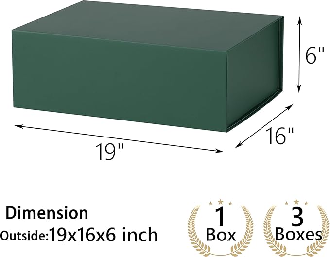 Green Gift Box, 19x16x6 inches, Magnetic, Includes Ribbon and DIY Stickers, Multi-Occasion, 3 Count