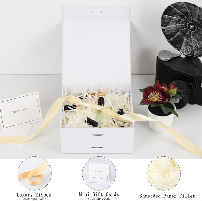 BoxSkivra White Gift Box with Ribbon 1 Pack 6X6X3 Inch Small Gift Box with Lid Magnetic Closure Rectangle Collapsible Luxury Boxes for Weeding Gifts、Shredded Paper Filler & Card