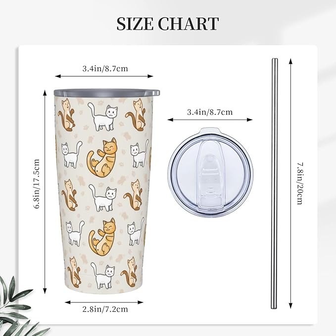Cute Cat Tumbler,Cat 20oz Stainless Steel Insulated Travel Tumblers,Travel Coffee Mug with Lid and Straw Water Bottle Drink Tumbler Cups Gifts for Women Men Lovers