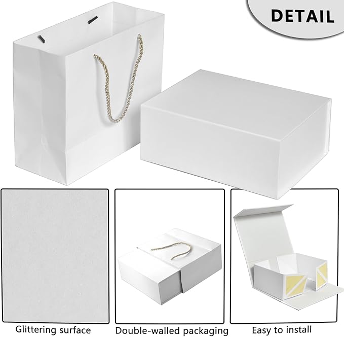 Elegant Gift Boxes with Gift Bag for Presents with Lids Magnetic Closure Rectangle Collapsible for Christmas, Valentine's Day, Birthday Gift Packging (White)
