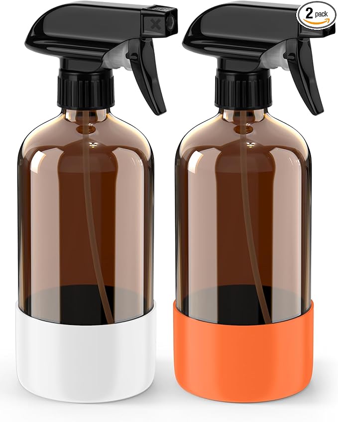 Glass Spray Bottle with Silicone Sleeve Protection, Amber Glass Spray Bottle Set for Window Cleaner Aromatherapy Facial Hydration Watering Flowers Hair Care 2 Pack/16 oz (White & Orange, 16 oz)