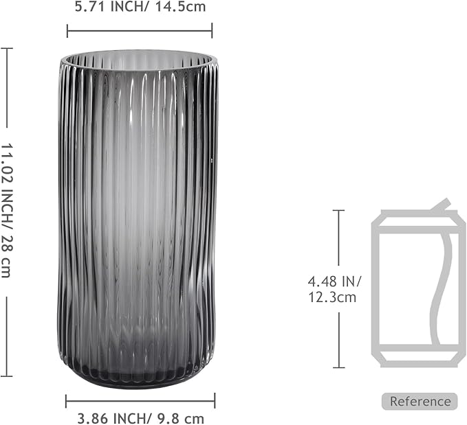 Modern Grey Glass Vase-11 Inch Tall Ribbed Glass Cylinder Vases for Flowers, Bouquet, Desk, Dining Table, Shelf, Decorative Flower Vase for Centerpieces, Home Decor, Living Room, Wedding