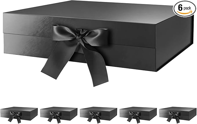 GREEN BEAN Luxury Gift Boxes with Lids - 6 Black Magnetic Boxes with Ribbon, Groomsmen Proposal Box, 13x9.7x3.4 Inches