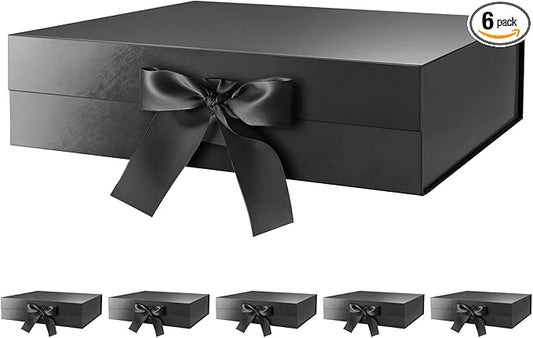 GREEN BEAN Luxury Gift Boxes with Lids - 6 Black Magnetic Boxes with Ribbon, Groomsmen Proposal Box, 13x9.7x3.4 Inches