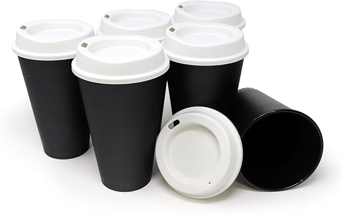 Rolling Sands USA Made 16 oz Reusable Coffee Cups with Lids 6 Pk, To Go Travel Cups, Hot or Cold Drinks, Dishwasher and Microwave Safe, Black Cups, White Lids