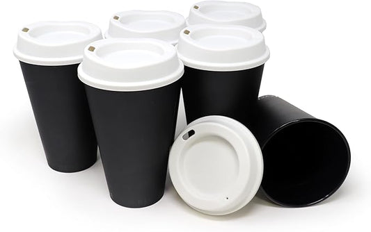 Rolling Sands USA Made 16 oz Reusable Coffee Cups with Lids 6 Pk, To Go Travel Cups, Hot or Cold Drinks, Dishwasher and Microwave Safe, Black Cups, White Lids