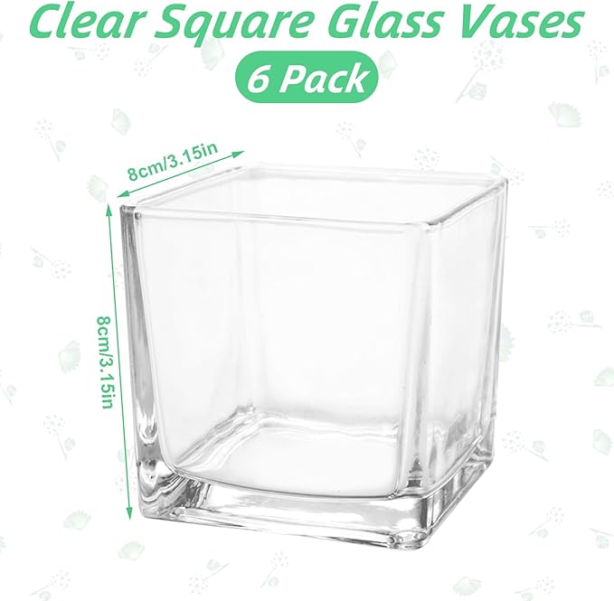 6 Pack 3 x 3 x 3 Inch Square Glass Vases, Clear Square Vases for Centerpiece, Cube Flower Vase for Candle Holder Events Wedding Party Home Decoration