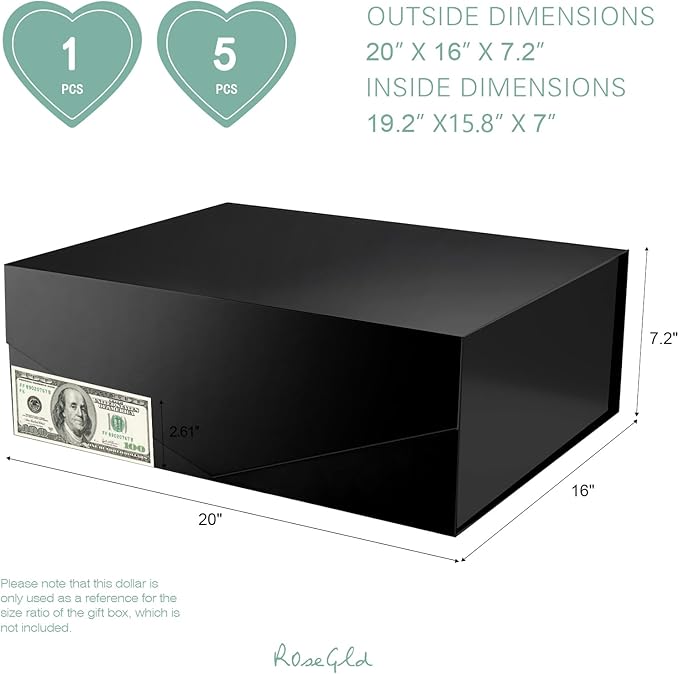 ROSEGLD Extra Large Gift Box 20x16x7.2 Inches, Giant Black Magnetic Gift Box with lids for Presents, Groomsman Proposal Box (Glossy Black)