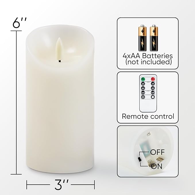 5plots 6" x 3" Flickering Flameless Candles - Battery Operated Wax LED Candles - Amber Yellow Light with Remote and Timers Set of 2, Ivory, for Home Decor, Candle Sconces