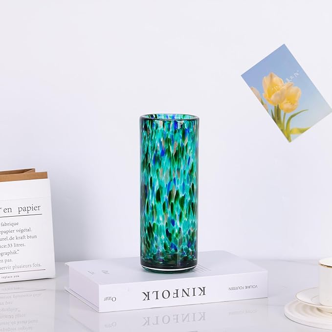 9.45" Tall Teal Vase Hand Blown Glass Vase Green, Modern Teal Home Centerpieces Wide Mouth Vases for Bud&Flower Decor - Ideal Living Room, Kitchen, Wedding, Dining Table, Office Center Table