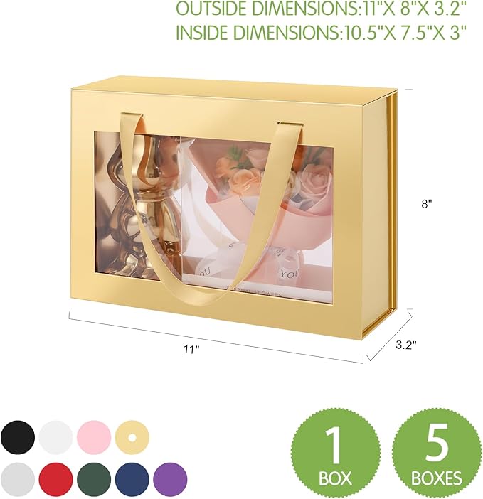 JINGUAN 5 Gold Gift Boxes with Windows, Gift Boxes with Lids and Handles, Clear Magnetic Gift Boxes for Presents, Bridesmaid Proposal Boxes (10.5x7.5x3 Inches