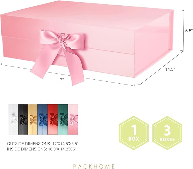 PACKHOME 17x14.5x5.5 Inches, 3 Extra Large Gift Boxes with Lids, Magnetic Closure Boxes with Ribbon for Clothes and Large Gifts (Glossy Pink)